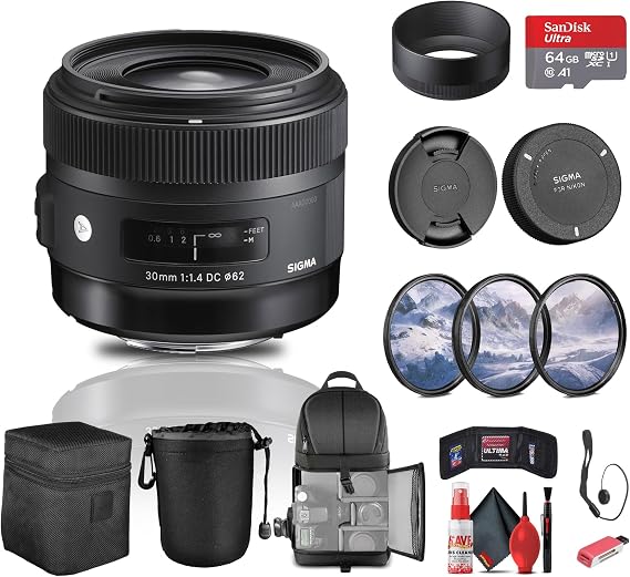 Sigma 30mm f/1.4 DC HSM Art Lens for Nikon F (301-306) Bundle with 64GB Memory Card, Card Reader, 3-Piece Filter Kit, Lens Pouch, Backpack, Full Cleaning Kit, Lens Hood, Lens Case, and More