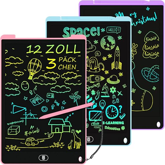 3 Pack 12 Inch LCD Drawing Tablet Kid, Reusable, Blue Pink Purple