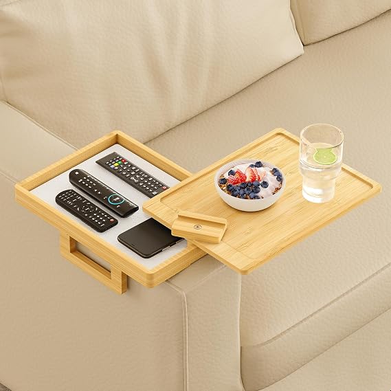 Wealone Bamboo Couch Arm Tray for Wide Couch, Sofa Arm Clip Table with Storage Box, Couch Armrest Tray with 360°Rotating Phone Holder, Sofa Arm Table Clip for Eating, Drinks or Dining