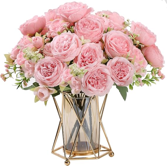 HNVNER 2 Bunches Artificial Peonies, Pink Silk Peony Fake Flowers Bouquet for Wedding Home Decor