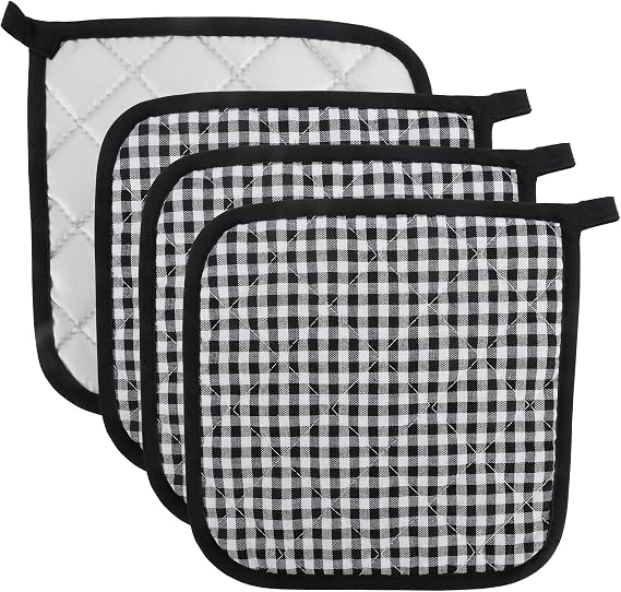 4 Pack Pot Holders for Kitchen, Hot Pads for Kitchen Counter Decor, Large Pot Holders Bulk Cotton Pots Holders Heat Resistant Trivets for Hot Dishes Hot Pots and Pans Holiday Baking Essentials, Black