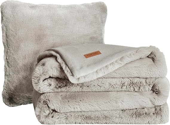 UnHide 2-Piece Bundle - Squish Faux Fur Pillow and Marshmallow Blanket - Square Throw Pillow and Queen Size 60 x 80 Faux Fur Blanket - Machine Washable - Greige