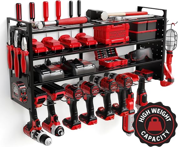 Power Tool Organizer Wall Mount - Power Tool Storage Rack with 3 Shelves, 8 Drill Holders, Bit Holder, Load 300 lbs, Pegboard Sides Storage for Tools- Garage Drill Organizer, Ultimate Workshop Station
