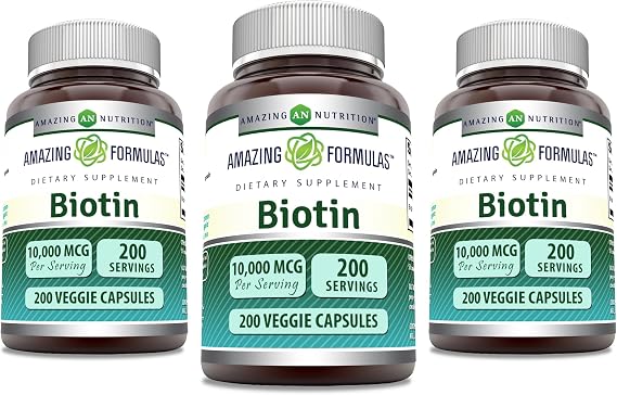 Amazing Formulas Biotin 10000 mcg Veggie Capsules | Vitamin B7 Supplement | Non-GMO | Gluten Free | Made in USA (200 Count | 3 Pack)