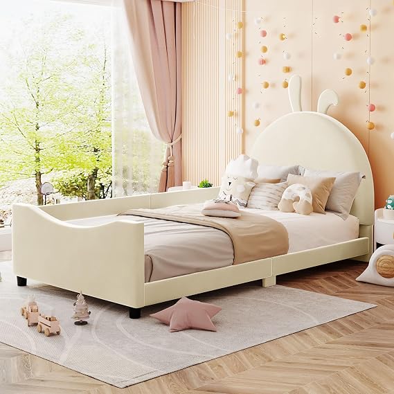 Stylish Twin Size Upholstered Daybed with Rabbit Ear Shaped Headboard,for Kids Toddlers Boys Girls Bedroom Use (Beige@Rabbit Ear, Twin)