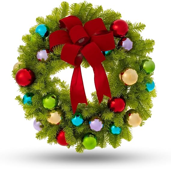 Bright Green Whimsical Christmas Wreath (30) - Durable Plastic Christmas Reef w/Red Bow & Colorful Round Ornaments - Christmas Wreaths for Front Door, Wall or Mantel - Festive Holiday Decor