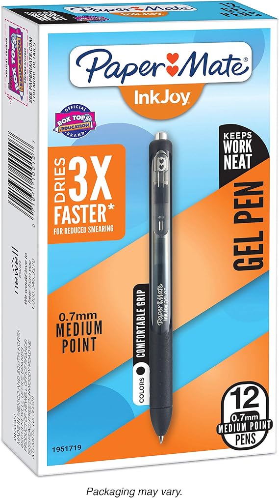 Paper Mate Inkjoy Gel Pen, Retractable, Medium 0.7 Mm, Black Ink, Black Barrel, Dozen