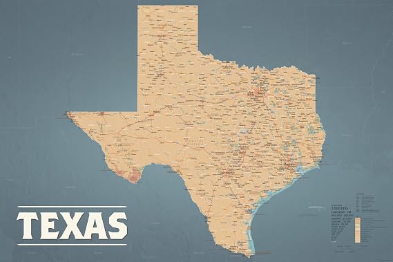 Texas State Map 24x36 Poster Detailed Texas Wall Map with Cities, Terrain & Land Features (Tan & Slate Blue)