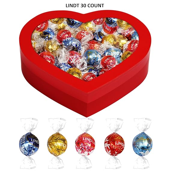 LindtChocolate Truffles Mothers Day Gift Box, 30 Individually Wrapped Assorted Filled Truffles In Milk Dark And White Chocolate, Gift Ready Heart Shaped Box