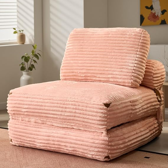 ovios Folding Sofa Bed Indoor, Comfy Foldable Boneless Sleeper Chair, Portable Corduroy Floor Chairs with Cushion for Living Room Bedroom, Pink