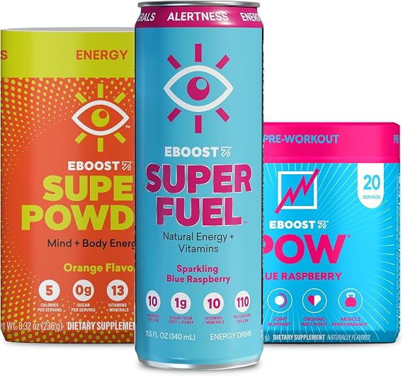 EBOOST Super Fuel Blue Raspberry Energy Drink Super Powder Orange Electrolyte Drink Mix and POW Blue Raspberry Pre Workout Bundle