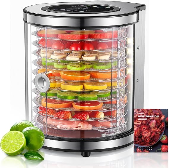Reemix10-Tray Stainless Steel Food Dehydrator with Large Capacity | 360 Rotating Cylinder Design for Even Drying, Transparent Food Dryer for Fruit, Meat, Vegetables, Pet Treats, Home Use