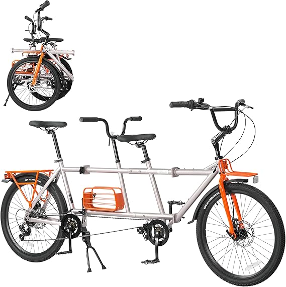 ZUKKA 24 Inch Tandem Bike 3-Fold Tandem Bike 6 Speed Folding Bike Dual Disc Brakes Adult Beach Cruise Bike Adjustable Seat Double Seat for Adult Women Men Senior Couple