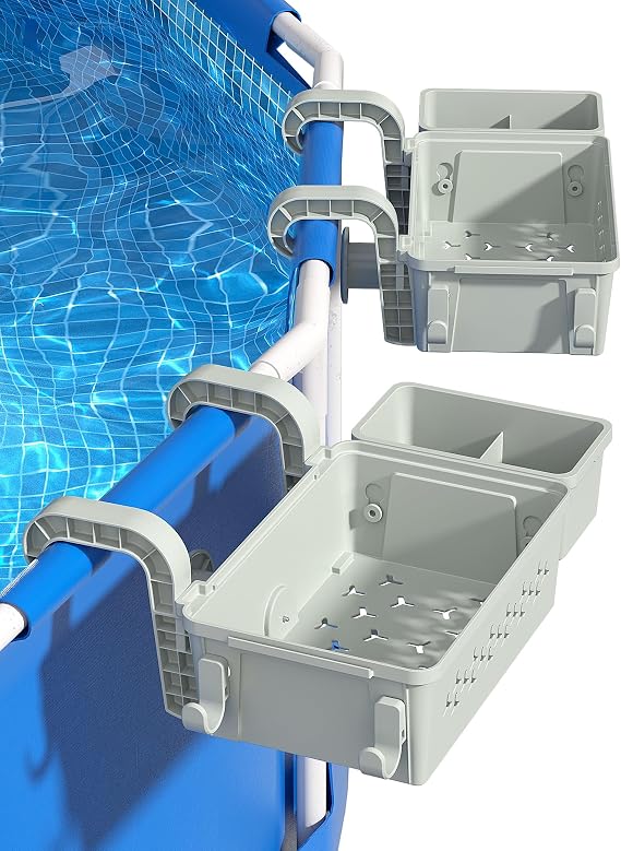 SUMMERBUDDY 2 Sets Upgrade Poolside Storage Basket, Above Ground Pool Storage Basket with Pool Cup Holder, For Steel Round or Oval Frame Above Ground Pools, Fits 3 Inch or Less Top Rail
