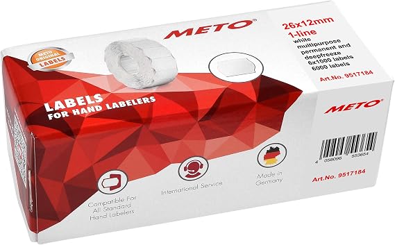 Meto Price Labels Labels for Hand Gun 9517184 (26 x 12 mm 1 Line 6000 Labels G5 Multi Function Permanent and Frozen For Contact Sato Avery Tovel SAMARK) Set of 6 Rolls White