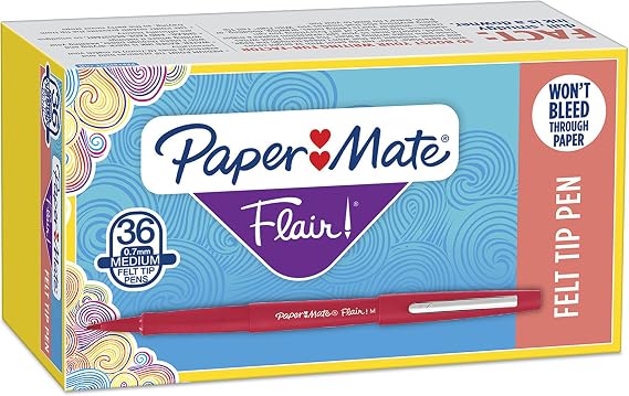 Flair Felt Tip Marker Pen, Red Ink, Medium, 36 per Box