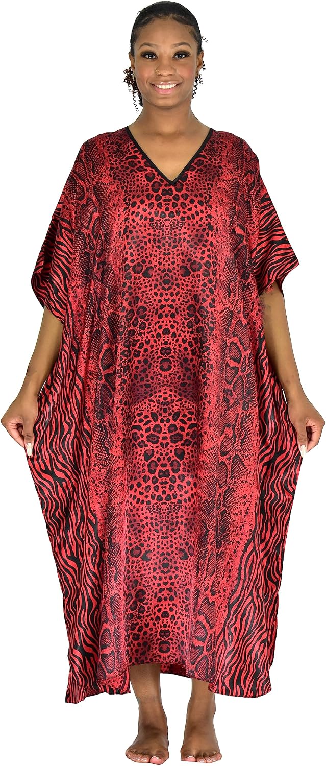 Up2date Fashion Womens Satin Kaftan in Red Tiger Print, One Size, Style Caf-03R
