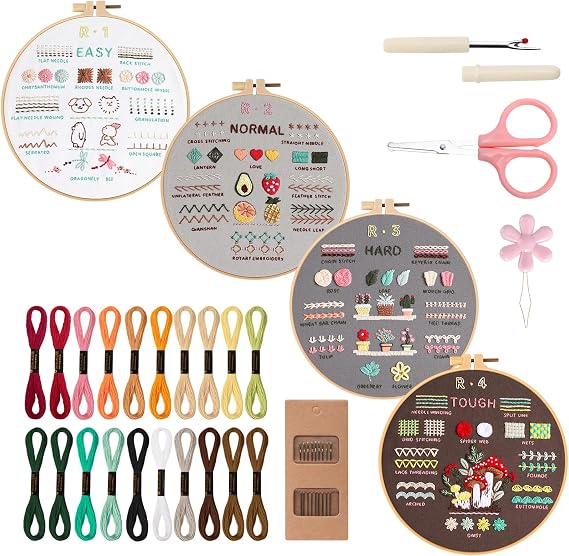VynyQoo 4pcs Embroidery Kits for Beginners, Embroidery Kit for Adults, Embroidery Starter Kit to Learn 40 Different Stitches, DIY Craft Embroidery Set with Video Tutorial and Instruction