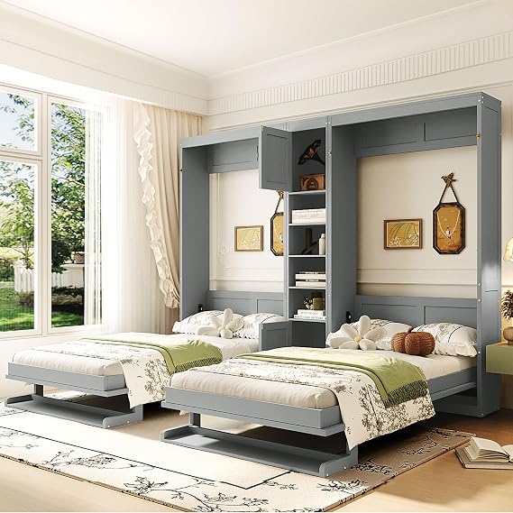 Dual Twin Wall-Mounted Murphy Beds with Built-in Cabinets & Shelves Space-Saving Bedroom Furniture (Gray)