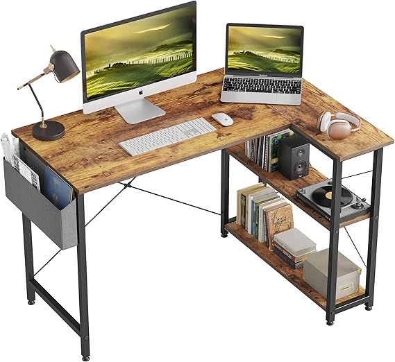 CubiCubi L Shaped Corner Desk, 120x70 cm Computer Desk with Storage Bag, Small Writing Table with Large Reversible Storage Shelves, Workstation for Study Play Work Home Office, Rustic Brown