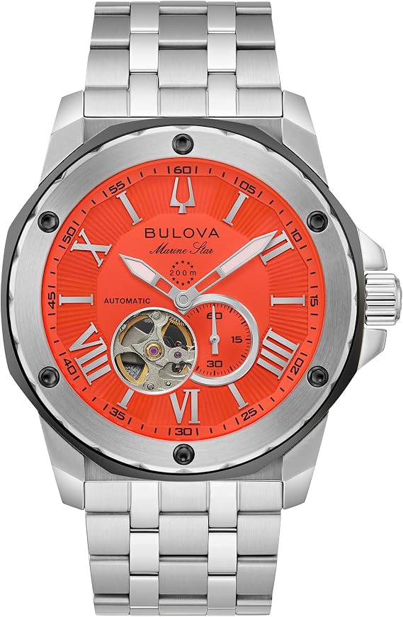 Bulova メンズ 自動マリンスターシリーズA、シルバートーンステンレススチールケース、44mmオレンジハートビートダイヤルスタイル:98A333