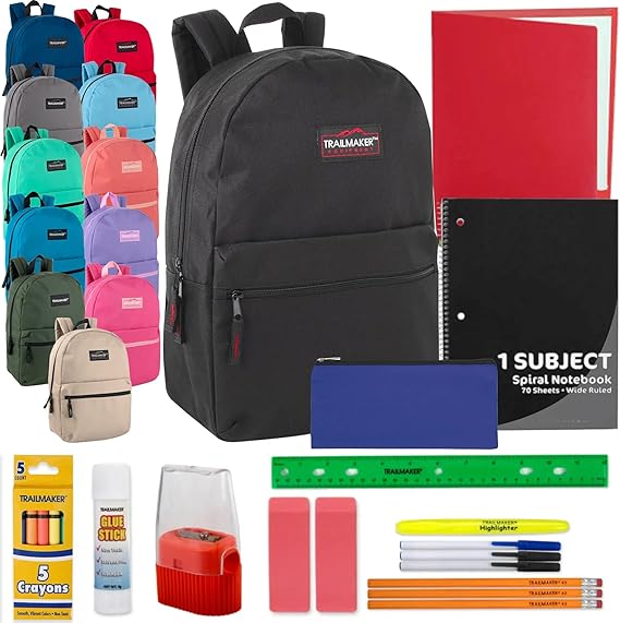 24 Pack Bulk Backpacks with School Supplies for Kids - Trailmaker Wholesale Backpack and School Supplies Kits