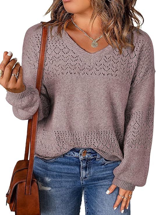 Eytino Womens Plus Size Sweater Casual Long Sleeve V Neck Crochet Knit Lightweight Pullover Sweater Tops(1X-5X)