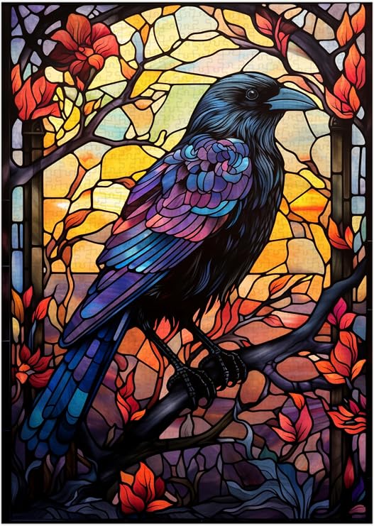 Stained Glass Crow Jigsaw Puzzle 1000 Pieces for Adults - Bird Puzzle Gift for Raven Lovers - 1000pc Vertical Puzzles (50x70cm / 19.685"x27.559")
