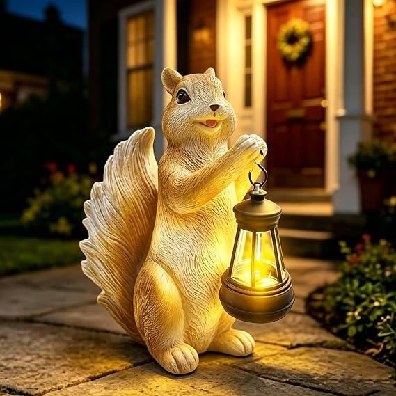 lifemet Solar Powered Squirrel with Lantern Garden Ornaments, Gifts for Mom | Resin Squirrel Statue Light Water Feature, Waterproof Animal Figurine for Patio Outdoor Decor, Unique Novelty Gift for Lovers