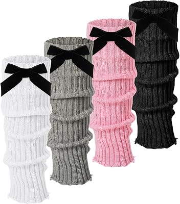 Geyoga 4 Pairs Winter Velvet Bow Leg Warmers for Women Warm Leg Warmer Kawaii 80s Y2k Coquette Japanese Knitted Boot Socks