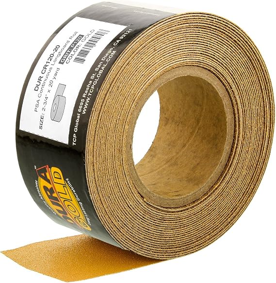 Dura-Gold Premium Gold 120 Grit PSA Longboard Sandpaper, 20 Yard Roll, 2-34 Wide, Self Adhesive Stickyback, Woodworking & Automotive Sandpaper Roll, Air File Sand Paper, Auto Sanding Blocks