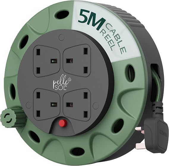 Pelle & Sol 5m Extension Lead Cable Reel with 4 Sockets - Heavy Duty 3120W Power Extension Cable with Overheat Protection for Home, Garden, DIY & Workshop Use