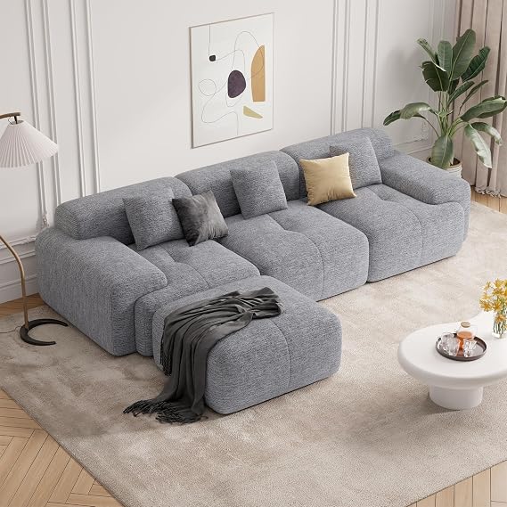 Hawthyhone L Shaped Corner Sofa 310cm Chenille Sofa, Grey | Memory Foam,3-4 Persons Corner Sofa Bed,No Assembly Required,Living Room