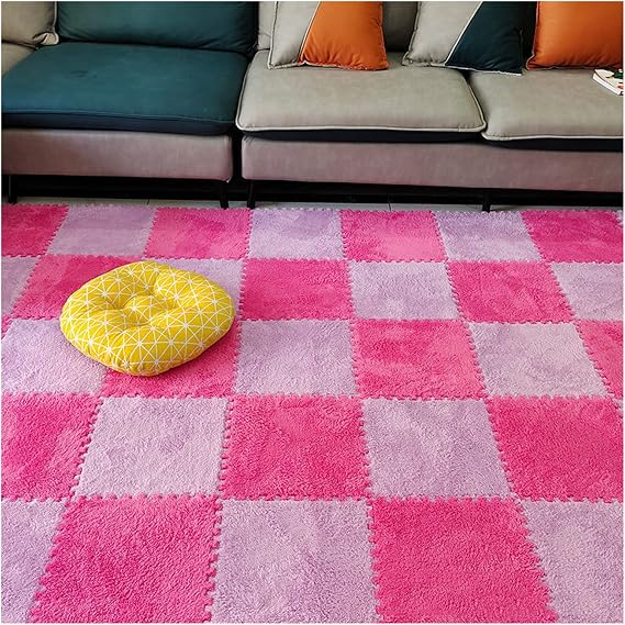 10 Pieces Interlocking Carpet Tiles, Plush Foam Square Floor Mats Set, 12x12inch Interlocking Fluffy Plush Puzzle Playmat With Border, 10 Tiles/10 Sq.Ft(Color:Purple+Rose red)