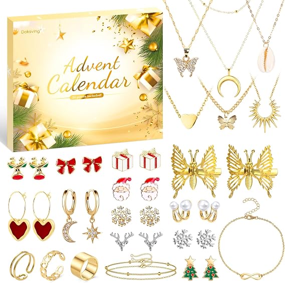Jewelry Advent Calendar 2024, 24 Days Countdown Calendar for Adult Women Christmas, Fashion Bracelet Necklace Rings Earring, Xmas Surprise Gift for Wife Daughter Mom Adult Girls