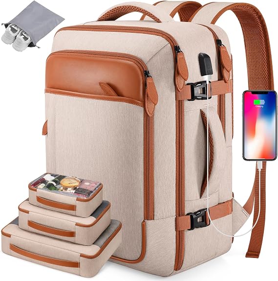 Travel Backpack, 42L Laptop Backpack, Carry-on Approved Bag for Men & Women, Waterproof Luggage with Packing Cubes, Shoe Pocket, Personal Item Size for Flights