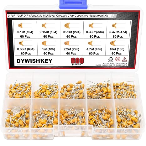 DYWISHKEY 10Value 600PCS DIP Monolithic Multilayer Ceramic Chip Capacitors Assortment Kit, 0.1uF-10uF Ceramic Capacitor Set