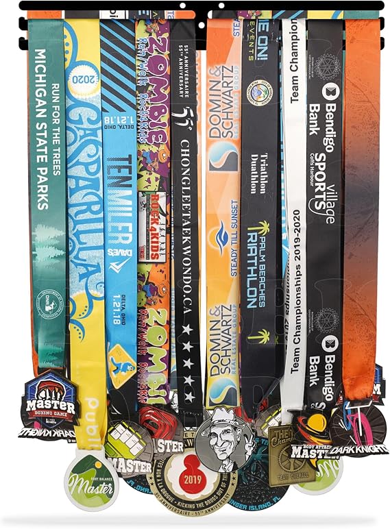 iBobbish Sports Marathon Medal Display Hanger Holder Racks Frame in matt Black Surface Wall Mount Over 40 Medals Upgraded 3 Lines with 3 Screws Easy to Install Easy to use