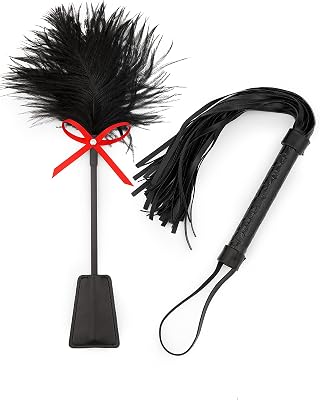 Black Faux Leather Whip 18 Feather Tickler 15 Set - Equestrian Riding Whip - French Tickler - Whip Feather