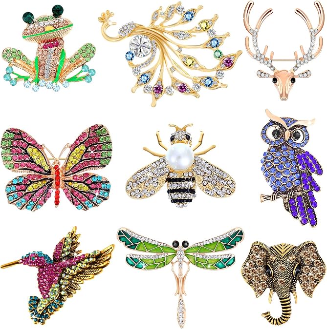 Hicarer 9 Pieces Women Brooches Pins Bulk Set Rhinestone Animal Insect Crystal Pins Butterfly Dragonfly Hummingbird Owl Peacock Brooch Pin for Women Girls Winter Valentine Day Gifts, 9 Styles