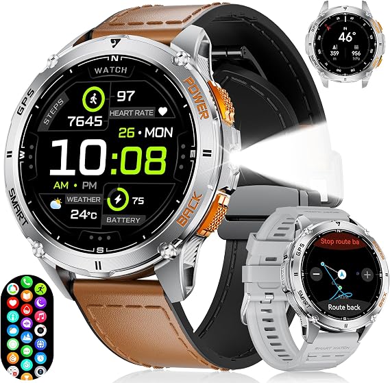 ESFOE GPS Smart Watch for Men with LED Light/530mAh Battery, 1,43'' AMOLED Military Smartwatch with Compass/Barometer/Altimeter, Heart Rate/Sleep, 5ATM Waterproof Fitness Watch for Android iOS, Silver
