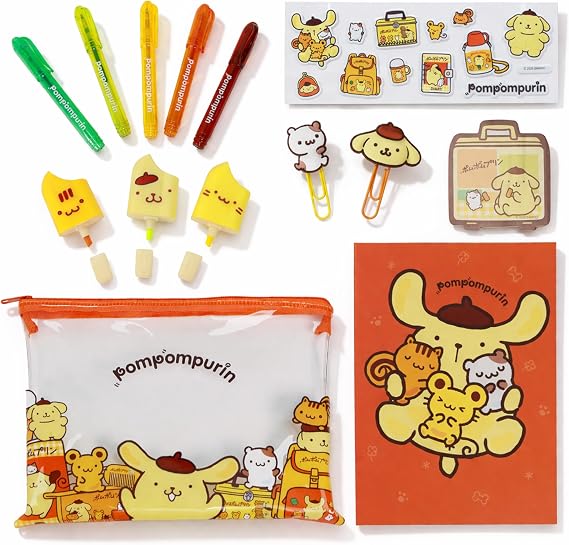 Pompompurin Stationery Set - Official 14-Piece School Supplies with Ice Lolly Highlighters, Gel Pens, Puffy Stickers & Notebook in Zip Pouch - Kawaii Stationery - Sanrio Gift
