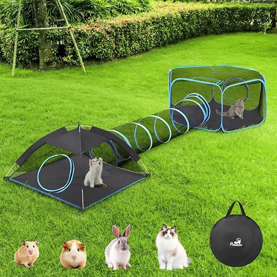 Outdoor Cat Enclosures for Cats Indoor, Patio Portable Mesh Cat Tent, Tunnel, Playhouse with Free Carry Bag & Metal Rod for Multiple Cats and Small Animals, Includes Playpen+Tent+Pet Tunnel