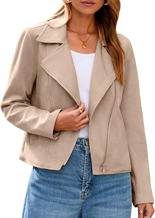 Glamaker Womens Faux Suede Jackets Long Sleeve Casual Cropped Zipper Biker Moto Jacket Fall Winter Outfits