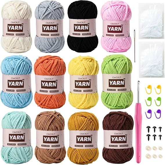 Chenille Velvet Yarn - 12 Pack Baby Yarn Set for Crocheting & Amigurumi - 600g (787yd), Crochet Hooks, Stitch Markers, Fluffy Stuffing, Accessories