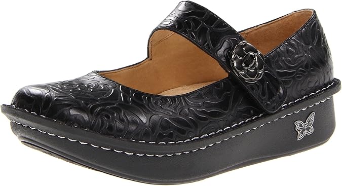 Alegria Women's Paloma Mary Jane Nurse Shoe Clogs Comfort Leather Black Embossed Rose 9 M US