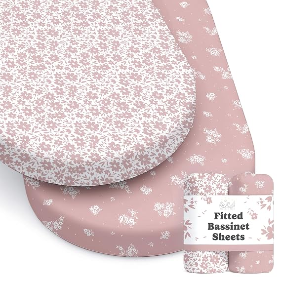 Baby Bassinet Sheets Girl (Antique Rose) 2-Pack - Fitted Bedside Bassinet Sheets - Buttery Soft Cotton Blend for Standard Mattress Pad - Compatible with Halo BassiNest