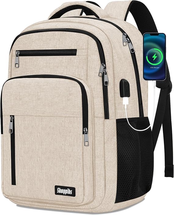 Skaypibs Beige Backpack for Men Women, School Backpack for Boys Girls Teens, 15.6 Inch Laptop Backpacks with USB Port, Water Resistent Book bag, Work College Bookbag, back pack, Mochila para hombre