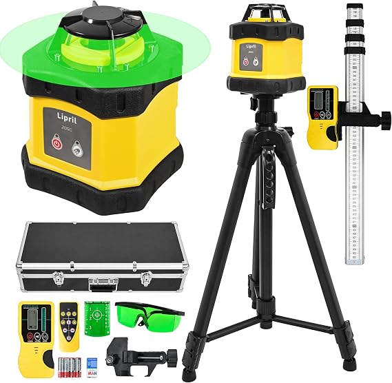 Lipril Rotary Laser level Kit, 2296' Range with Receiver, 1/16" @ 100' Horizontal Laser Transit, 6.8 x 4.5", Green Rotary Laser, Swappable Battery System for Indoor Outdoor Jobsites