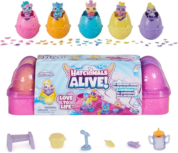 Hatchimals Alive Pink & Purple Music Carton, 5 Self-Hatching Eggs, Ages 3+ | Hatch 5 Figures with Water, 11 Musical Accessories, Imaginative Storytelling Play, Birthday Gifts for Kids